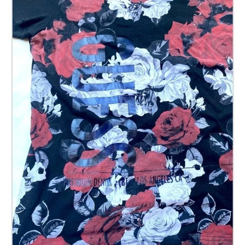 Guess Premium Los Angeles T-Shirt Flowers Black Size L Mens Floral Front - Picture 7 of 7